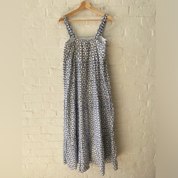 Madison Mathews || Lia Cotton Block Printed Maxi Dress Blue White Large NWT - Picture 6 of 10